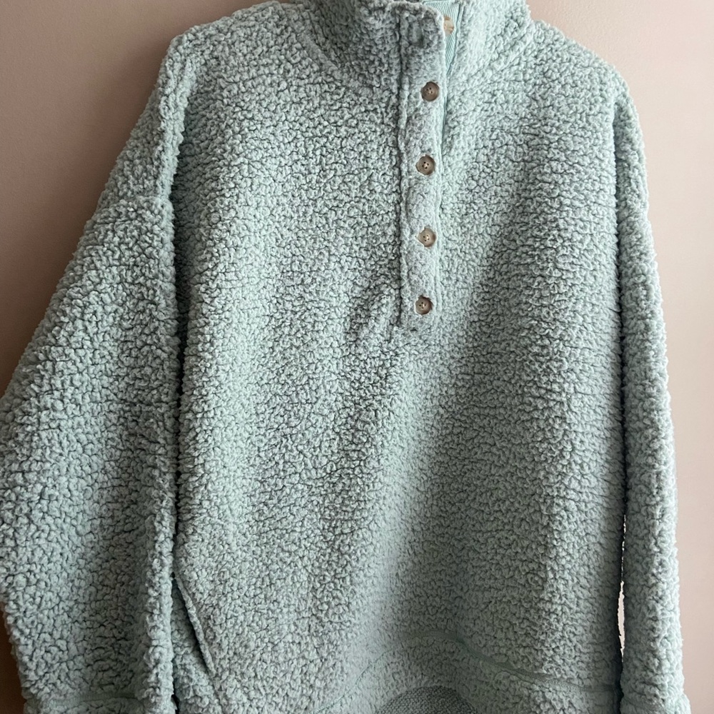 Aerie Women's Cloud Sherpa Oversized Button Pullover in Dusty Sage